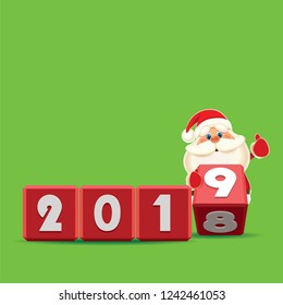 Santa Claus changing date from 2018 to 2019 rotating cubes with numbers isolated on a green background