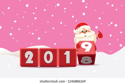 Santa Claus changing date from 2018 to 2019 rotating cubes with numbers in a winter ambience