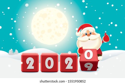 Santa Claus changing date from 2019 to 2020 rotating cubes with numbers in a winter surroundings
