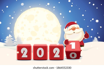 Santa Claus changing date from 2020 to 2021 rotating cubes with numbers in a winter surroundings