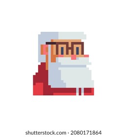 Carácter de Santa Claus. Avatar, retrato, foto de perfil. Feliz Año Nuevo. Arte de píxeles. Estilo plano. Activos de juego. 8 bits. Ilustración vectorial aislada. Diseño para logotipo, pegatina, aplicación.