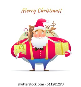 Santa Claus character with a bag of gifts on white background. Vector christmas cartoon illustration. Isolated