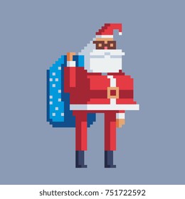 Santa claus character with a bag of gifts. Pixel art style. isolated vector illustration.