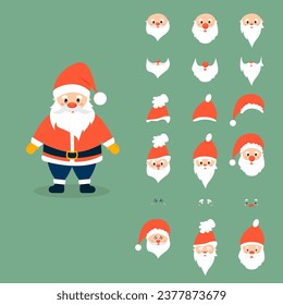Santa Claus character builder set for the with various views, hats, emotion, beard, front view. Santa claus character isolated, front view. Create more than 30 different Santa characters