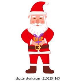 Santa Claus character carrying gift box.Christmas design element. Santa holding a wrapped gift.Isolated on a blue background. Vector flat illustration.