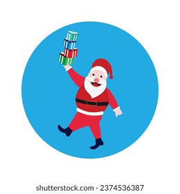 Santa Claus character carrying a stack of big colourful gift boxes