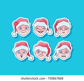 Santa Claus character cartoon illustrations, cute different face expressions' stickers. New Year and Christmas' vector emoji. 