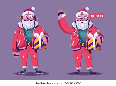 Santa Claus character. Cartoon vector illustration. Merry Christmas and Happy New Year. Modern Santa with gift box. Listening to music on headphones