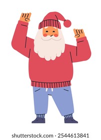 Personaje de Santa Claus en atuendo casual tema festivo alegre pose suéter rojo pantalones azules fondo blanco diseño de vacaciones