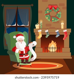 Santa Claus character in a chair next to the fireplace reads letters with Christmas wishes. For Christmas cards, banners, tags and labels. Holiday cartoon character