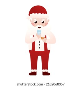 Santa Claus character and christmas cookies and milk in cartoon style on white background, art for poster design or greetings cards, invitations