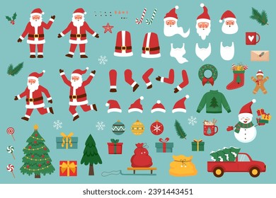 Santa Claus character and Christmas elements set. Christmas concept.	