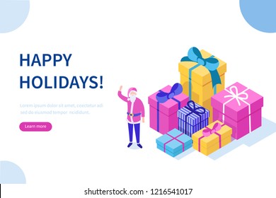 Santa Claus character and Christmas gifts. Can use for web banner, infographics, hero images. Flat isometric vector illustration isolated on white background.