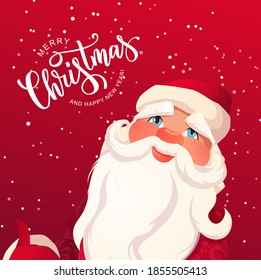 Santa Claus character, Christmas hand lettering text. Holiday greeting card. Cartoon vector illustration.