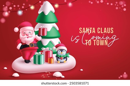 Diseño de Vector navideño de carácter de Santa claus. Santa claus viene a la ciudad saludando texto con pingüino, pino y cajas de regalo Elementos de decoración en fondo de nieve roja. Ilustración vectorial 