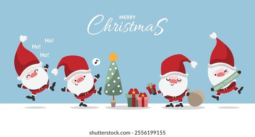 Santa Claus character collection in flat design with a Christmas tree, gift boxes, gift bag, music note in text box and Ho! text on a light blue background. Christmas holidays cartoon character design