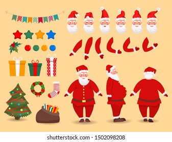 Santa Claus character creation set. Bended hands, legs. White mustache, beard. Boxes with presents. Emotions, gestures. Front, back, side view of Santa. Vector