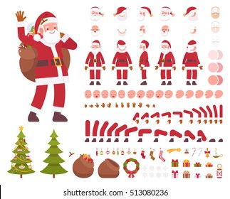 Santa Claus character creation set. Full length, different views, emotions, gestures, isolated against white background. Build your own design. Vector illustration