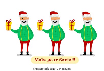 Santa Claus character creation set. Full length, different views, emotions, gestures, isolated against white background. Build your own design. Cartoon flat-style vector illustration