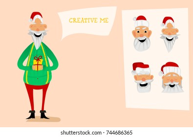Santa Claus character creation set. Full length, different views, emotions, gestures, isolated against white background. Build your own design. Cartoon flat-style vector illustration