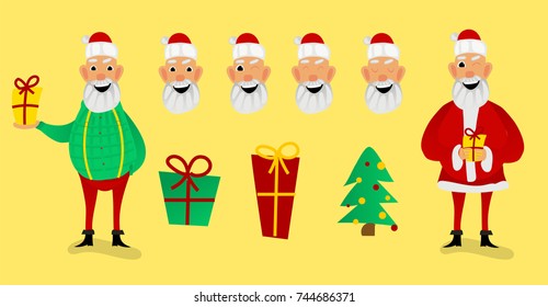Santa Claus character creation set. Full length, different views, emotions, gestures, isolated against white background. Build your own design. Cartoon flat-style vector illustration