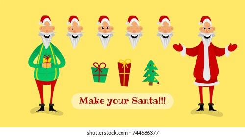 Santa Claus character creation set. Full length, different views, emotions, gestures, isolated against white background. Build your own design. Cartoon flat-style vector illustration