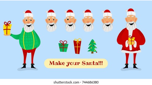 Santa Claus character creation set. Full length, different views, emotions, gestures, isolated against white background. Build your own design. Cartoon flat-style vector illustration