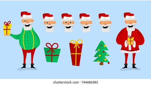 Santa Claus character creation set. Full length, different views, emotions, gestures, isolated against white background. Build your own design. Cartoon flat-style vector illustration