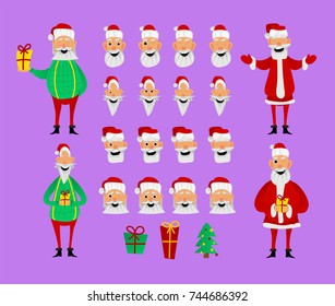 Santa Claus character creation set. Full length, different views, emotions, gestures, isolated against white background. Build your own design. Cartoon flat-style vector illustration