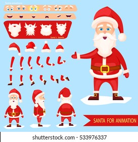 Santa Claus character creation set.Collection of various emotions. Different white beards,new year hats,bended hands, legs.Side view, front, back of Santa.Vector elements for character animation 