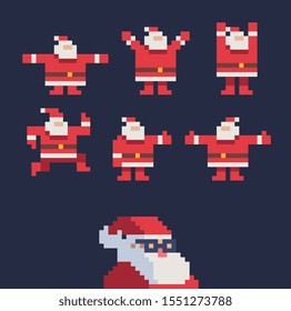 Santa Claus character, dancing, waving and greeting, for Christmas cards, banners, tags and labels. happy New Year. Pixel art style. isolated vector illustration.