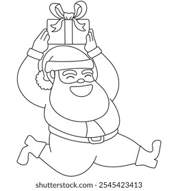 Santa claus character delivers gift or present run and smile line outline doodle hand drawn cartoon. Human-made. Not AI generated.