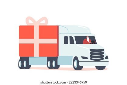 Santa Claus Character Driving Truck with Christmas Gifts Isolated on White Background. Old Fat Noel Xmas Holidays Personage Deliver Presents to Children by Lorry. Cartoon People Vector Illustration