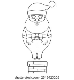 Santa claus character effort into a chimney with a cute face and pose line outline doodle hand drawn cartoon. Human-made. Not AI generated.