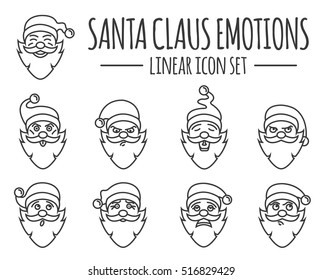 Santa Claus character. Emotions icon set. Merry Christmas. Linear version. Vector illustration