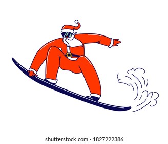 Santa Claus Character Extreme Sports Activity. Father Noel in Red Festive Traditional Costume Perform Stunts on Snowboard. Christmas Holidays Vacation, Hobby and Spare Time. Linear Vector Illustration