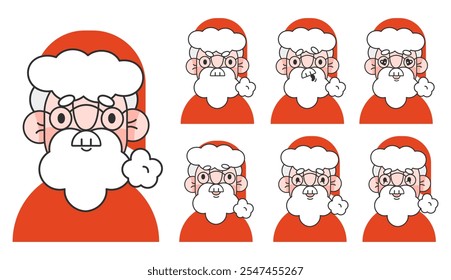 Santa Claus personaje cara emociones.Avatar cara Padre Navidades constructor.San Nicolás cabeza diversa. Navidades felices, concepto feliz del año Nuevo. Retrato de Santa con el sombrero rojo. Ilustración vectorial EPS 10