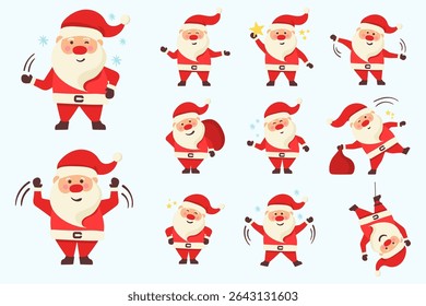 Santa claus character in flat cartoon style with gift bag and smiling face. Merry christmas greeting for holiday card. Winter celebration design with red hat and festive background.