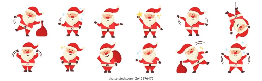 Santa claus character in flat cartoon style with gift bag and smiling face. Merry christmas greeting for holiday card. Winter celebration design with red hat and festive background.