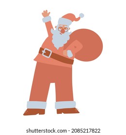 Santa Claus character. Funny old man character carrying sack with gifts, waving hand. Christmas decoration design. Isolated clipart element. Vector flat Illustration. Only 5 colors - Easy to recolor.