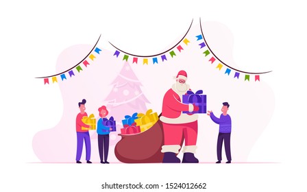 Santa Claus Character Giving Gifts to Happy Children on School or Kindergarten Matinee Standing in Room with Christmas and New Year Decoration. Santa Greeting Kids. Cartoon Flat Vector Illustration