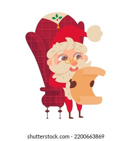 Santa Claus character with glasses reading gift list vector illustration. Cartoon funny cute old man with beard, red hat and suit sitting in armchair to read letter, holding scroll isolated on white