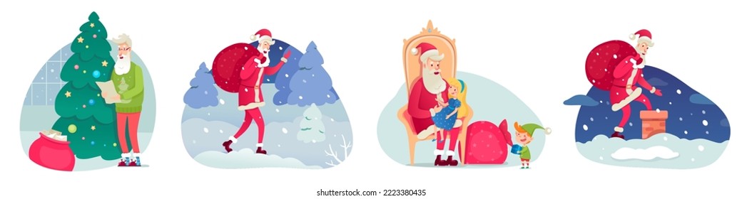 Santa Claus character greeting with Christmas set vector illustration. Cartoon cute grandfather reading wish letter, carrying sack with gifts for boys and girls. Happy Merry Christmas concept