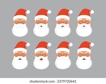 Santa claus character head set. New Year and Christmas. Symbol of winter holidays. Different emotions and facial expressions. Cartoon flat vector collection isolated on grey background