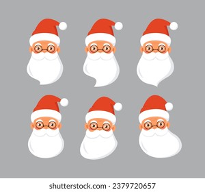 Santa claus character head set. New Year and Christmas. Symbol of winter holidays. Different feelings, moods and facial expressions. Cartoon flat vector collection isolated on grey background