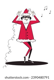 Santa Claus character in headphones and sunglasses dancing. Santa Claus Christmas illustration in retro style of 60s-70s.