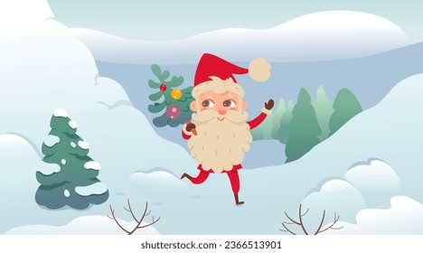 Santa Claus character holding festive Christmas tree in hand vector illustration. Cartoon funny happy grandfather with beard, red hat and suit running with gift for Xmas party in winter forest.