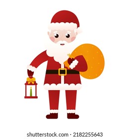 Santa Claus character holding lantern wit candle and bag with gift boxes in cartoon style on white background, clip art for poster design or greetings cards, invitations