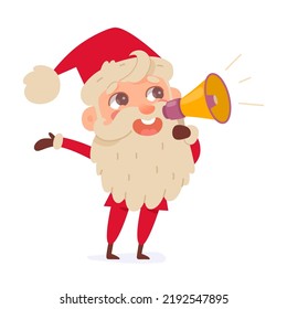 Santa Claus character holding megaphone vector illustration. Cartoon happy funny grandfather with beard, red hat and suit greeting, announcing news, Merry Christmas invitation isolated on white