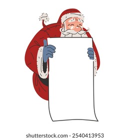 Papá Noel sostiene las manos en una sábana blanca. Vector Plantilla o tarjeta. Personaje de dibujos animados de Santa se esconde detrás de la letra vacía. Vertical de página en blanco para la lista de deseos o Anuncio para el texto.